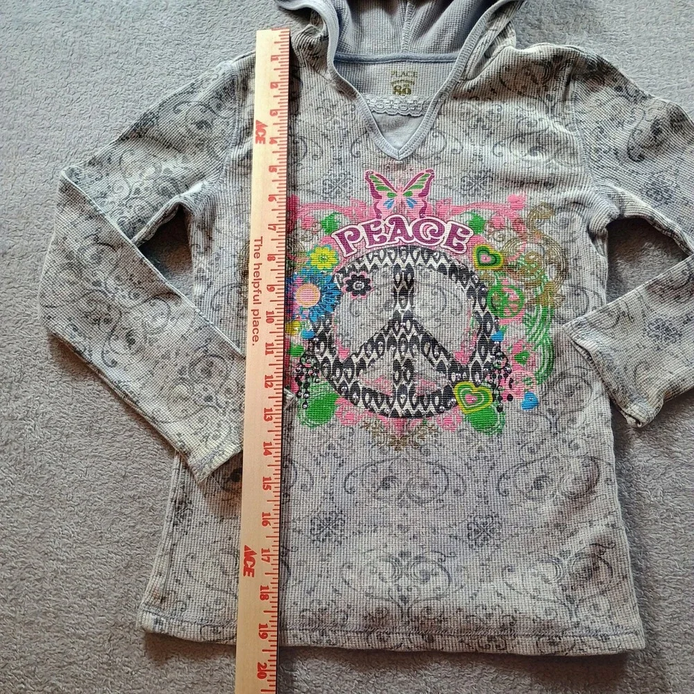 The Children's Place Girls Peace Sign Hoodie Gray M 7/8 Waffle Knit Thermal